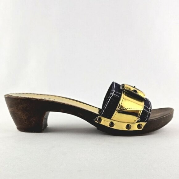 Faith Women's Gold Denim Slip On Upper Buckle Strap Mule Sandal Sole Size 6 - Picture 2 of 16